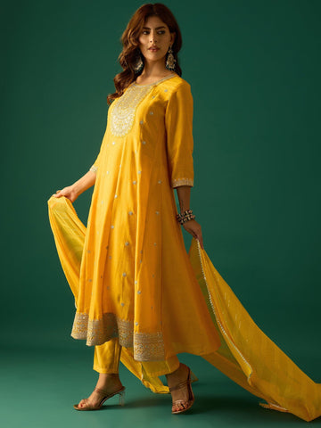 Gracefully Crafted In Rich Vichitra Fabric With Zari Embroidery, This Elegant 3-Piece Anarkali Set Blends Festive Charm With Timeless Style